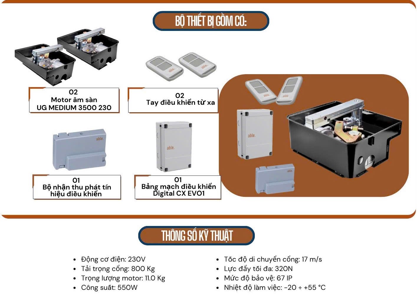 Cổng tự động ABLE 230V Thông số kỹ thuật Motor âm sàn ABLE 230V